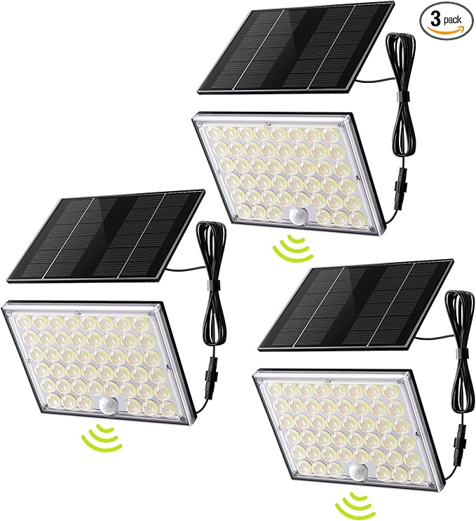 JACKYLED Motion Sensor Solar Lights Outdoor, 16.4ft Cord Security Wall Flood Light Solar Powered Gen2 Light Focus LED with Lenses Cool White Light IP65 Waterproof for Porch Backyard Barn Shed, 3-Pack