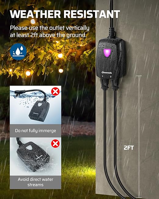 DEWENWILS Outdoor Wireless Remote Outlet, 2-in-1 Individual Control Sockets, 2 Independent Control Sockets Weatherproof Remote Control Switch, 15A Heavy Duty with 2 Remote for Lights, FCC Listed