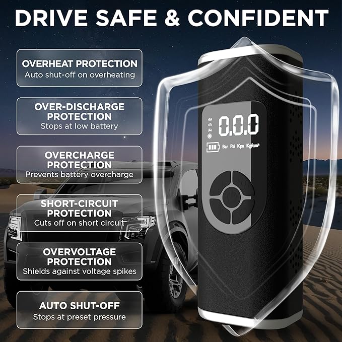 StartPro Tire Inflator Portable Air Compressor, 150PSI Cordless Air Pump, Dual Power Suply, LED Display, Flashlight, Auto Shut-Off, Fast Inflation for Car, Motorcycle, Bike, and Sports Equipment