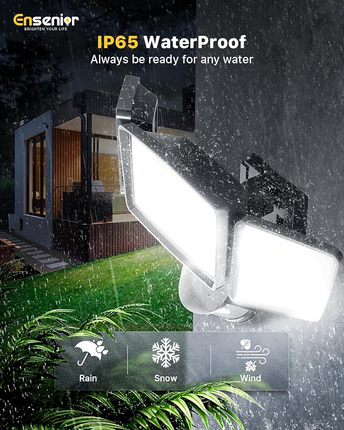 Ensenior 1800LM Solar Flood Lights Outdoor, Motion Sensor Outdoor Light 6500K, IP65 Waterproof, Separate Solar Panel, Solar Security Light with 5 Sensor Modes and 3 Adjustable Head for Yard (Black)