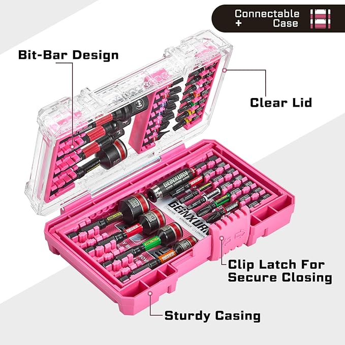 29Pieces Impact Screwdriver Bits Set, Magnetic S2 Steel 1”/2” Phillips/Square/Torx/Slotted Bits Tips,Impact Bit Holder and Nut Driver and Socket Adapter Set with Pink Storage Box Case