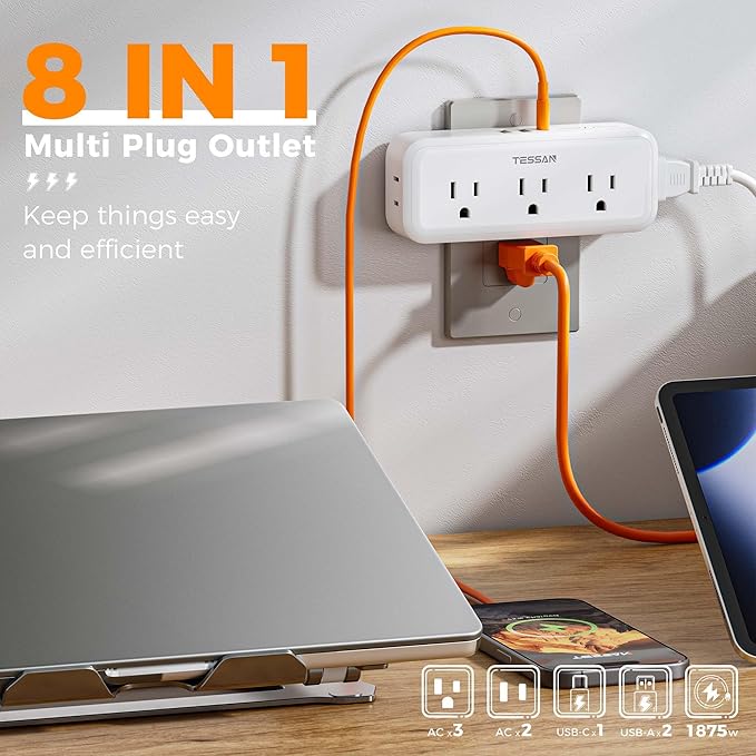 Multi Plug Outlet Splitter, TESSAN Multiple Plug Surge Protector, 5 Outlet Extender with 3 USB (1 USB C), 3-Way Wall Charger for Home Office Dorm Room Essentials