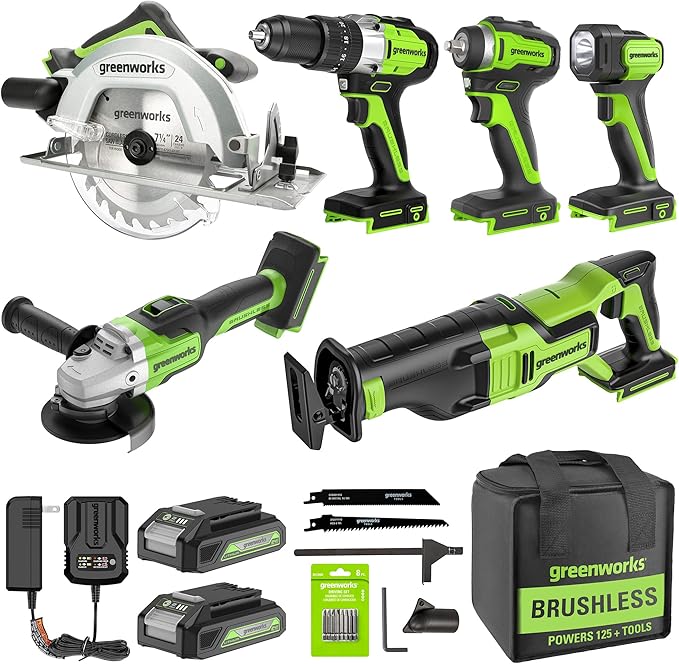 Greenworks 24V 6-pcs Brushless Combo kits: Hammer Drill,Impact Driver,Angle Grinder,200LM Flashlight,Circular Saw&Compact One-Handed Reciprocating Saw,(3) 2Ah Battery&Charger