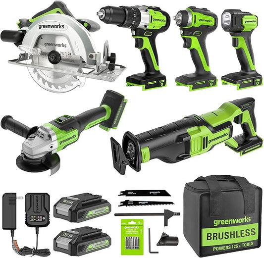 Greenworks 24V 6-pcs Brushless Combo kits: Hammer Drill,Impact Driver,Angle Grinder,200LM Flashlight,Circular Saw&Compact One-Handed Reciprocating Saw,(3) 2Ah Battery&Charger