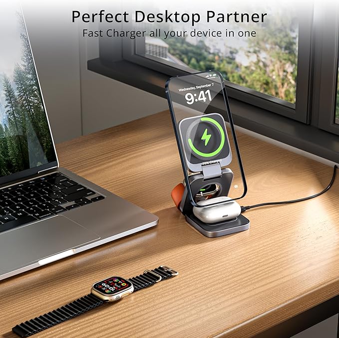 3-in-1 Wireless Charger Stand, LULULOOK 15W Magnetic Charger Wireless Fast Charging Station for iPhone 16/15/14 Series, Aluminum 5W Charger for Apple Watch, AirPods, USB-C Charging Cable Included