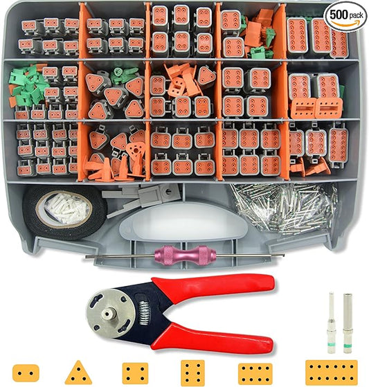 502 PCS DT Deutsch Connector Kit - 2/3/4/6/8/12 Pin Waterproof Connectors with 145 Pairs 16# Solid Terminal Contacts, Crimping Tool (14-20AWG)& Removal Tool for Cars Motorcycle Boat