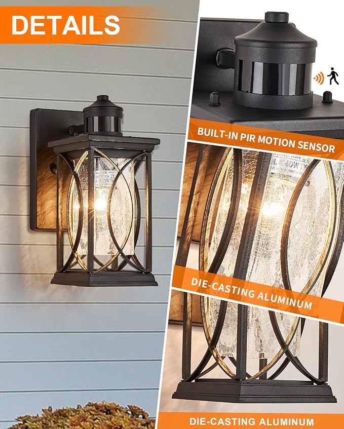 Motion Sensor Outdoor Wall Light with Dimmable Bulb, Modern Dusk to Dawn Exterior Light Fixture Wall Mount Porch Light Black with Crack-Like Glass Coach Lantern for House Garage