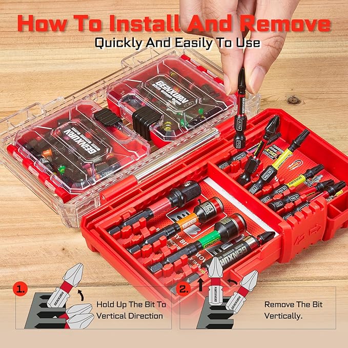 52Pcs Impact Screwdriver Bits Set, Magnetic S2 Steel 1”/2” Phillips/Square/Torx/Slotted/Hex Bits Tips,Impact Bit Holder and Nut Driver and Socket Adapter Set with Red Storage Box Case