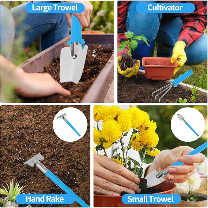 Gardening Tool Set, 11 Pieces Gardening Tools with Carrying Case, Garden Tool Kit for Digging Planting Pruning, Unique Gardening Set with Gloves for Women and Men (Blue)