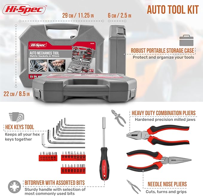 Hi-Spec 67Pc Metric Auto Mechanic Tool Set, Motorcycle & Car Tool Kit, Auto Repair with Pliers, Screwdriver Set, Socket Kit & Tool Box Storage Case for Cars, Trucks, Boats RVs & Jeeps