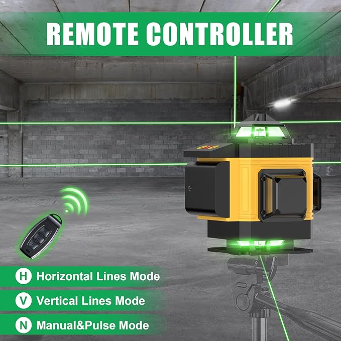 AZZUNO Laser Level 360 Self Leveling Green Beam with LCD Screen, 4x360 lazer leveler tool, Rechargeable Battery & Magnetic Base - Ideal for Construction, Tiling,yellow