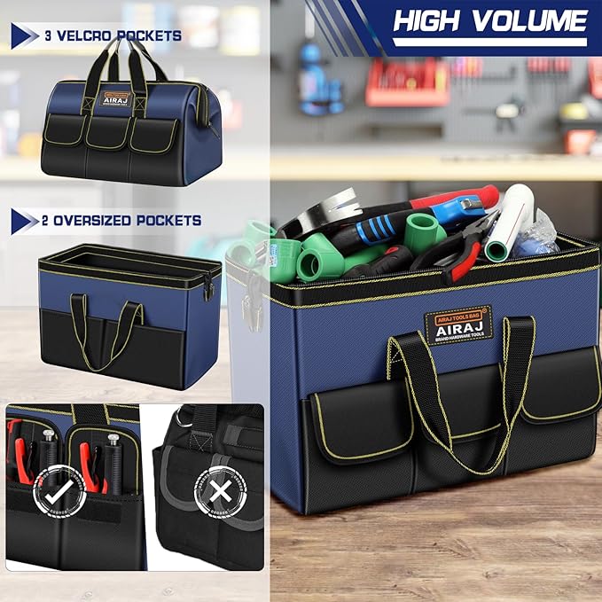 Tool Bag 2-Pack Set | AIRAJ 18" & 14" Portable Tool Storage Bag | Wide Mouth Tool Bags for Men and Women | Small Tool Tote | Tool Organizer for Home Repairs,Garage Storage,Professional Work | Tool Box