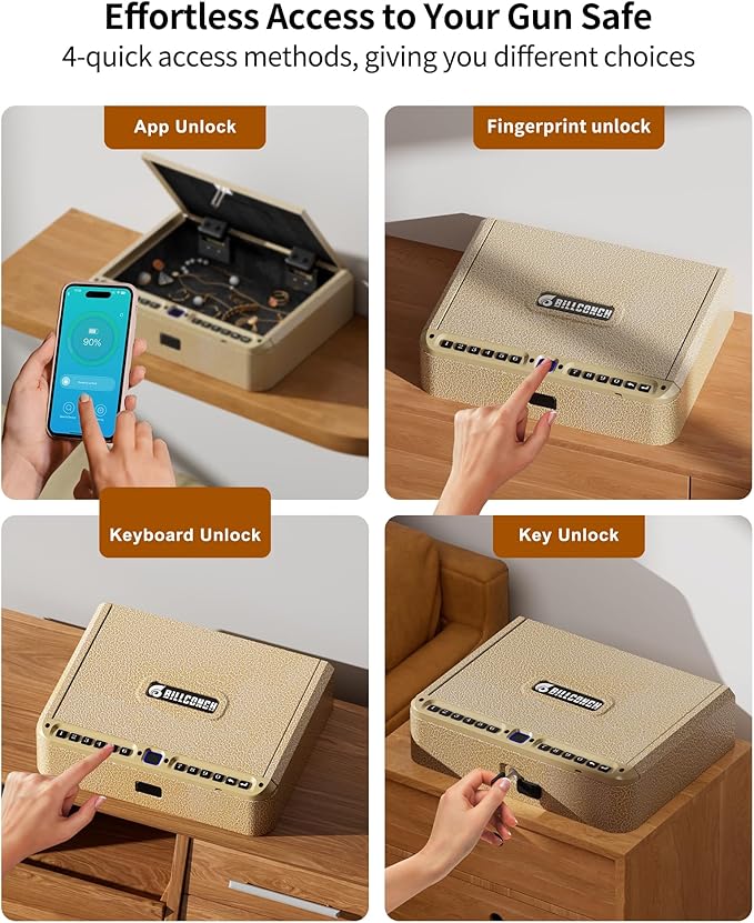 BILLCONCH Gun Safe for Handgun - Biometric Pistol Safe 4 Ways Quick Access with Fingerprint/Full-digital Keypad/Key/APP Lock and Security Cable for Nightstand Bedside Home - Limited Gold