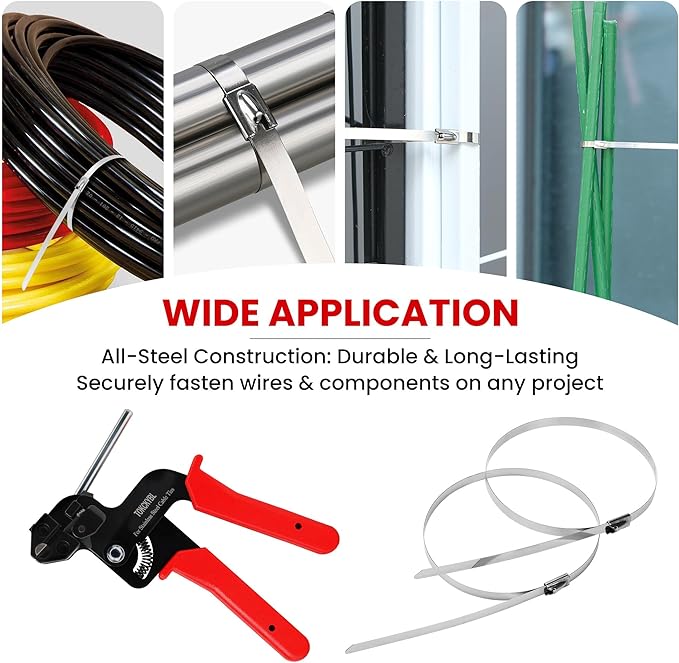 Stainless Steel Cable Tie Gun Set – Heavy Duty Metal Zip Tie Tool Kit with 150PCS Self-Locking Ties, Adjustable Fastening & Cutting Tool for Outdoor Fencing, Exhaust Pipes, Automotive (Red)