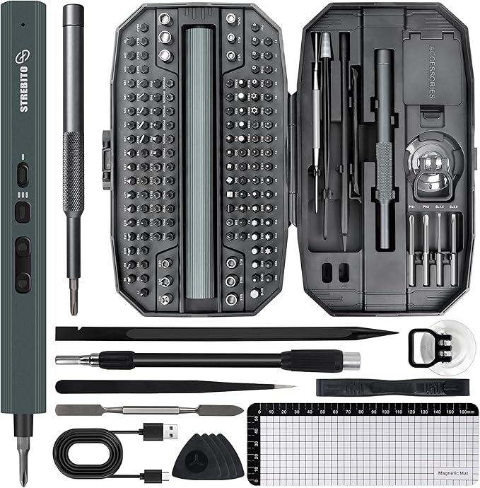 STREBITO Electric Screwdriver 155 in 1 Mini Electric Screwdriver Set, Max 5 N.m, 140 S2 Magnetic Bits, 3 Torque Settings, 650mAh Power Screwdriver Cordless Rechargeable, Repair Tool Kit for PC Phone