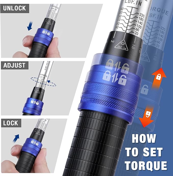 WORKPRO 1/4-inch Drive Click Torque Wrench, Inch Pound Bike Torque Wrench Set, Dual-Range 20-240 in.lb / 2.3-27.1 N.m, Lightweight Aluminum Handle, 72-Tooth, 14 Pcs, Precision for Bicycle Maintenance