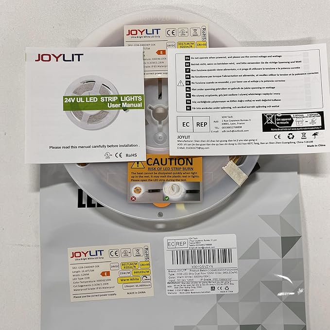 JOYLIT 24V COB LED Strip Lights 3000K Warm White Dual Row 16.4ft Waterproof 787LM/FT Ultra Bright CRI 95+, UL Listed PRO 7.6W/FT 960LEDs/M High Density 12MM Wide Adhesive Tape Light Task Lighting