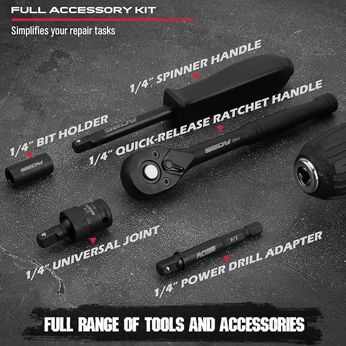 64-Piece 1/4" Drive Impact Socket Wrench Driver-Bits Set, Cr-V Metric&SAE Deep and Shallow Socket Set, S2 Power Bits with Quick-Release Ratchet Handle, Universal Joint, Bit Holder, Power Drill Adapter