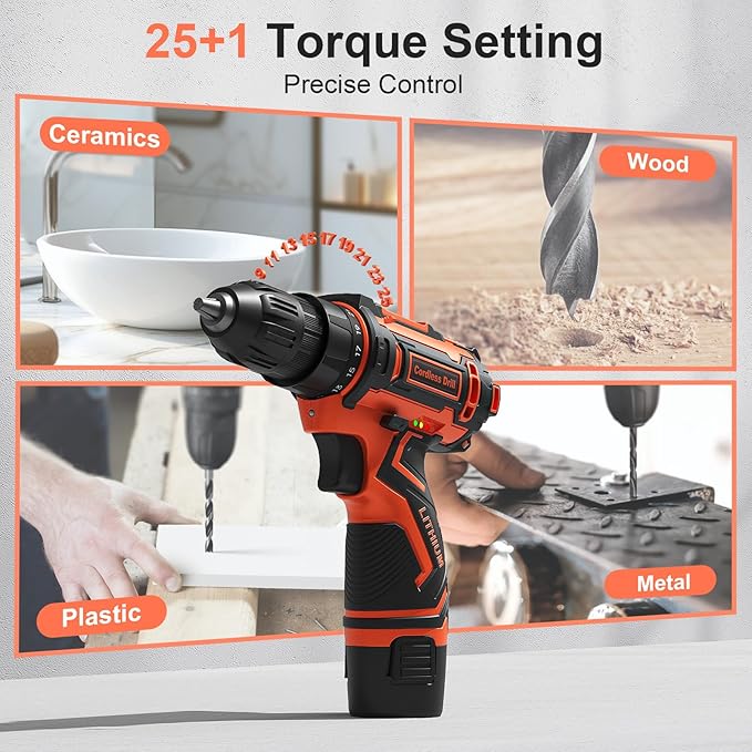 Cordless Drill Set,12V Power Drill Driver 3/8" Keyless Chuck with 42 Acessories, Built-in LED Light, 25+1 Position, Electric Drill for Home DIY Projects (Orange)