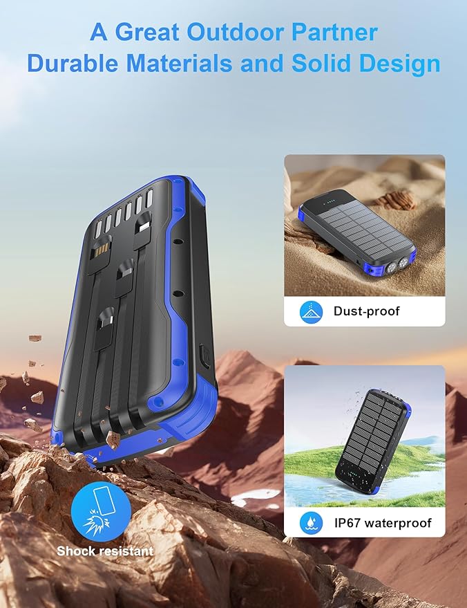 Solar Charger Power Bank, PD 20W Fast Charging External Batter, 40000mAh Portable Phone Charger Built in 4 Cables with Dual Bright Flashlights for Camping, Hiking, and Outdoor Use (Blue)