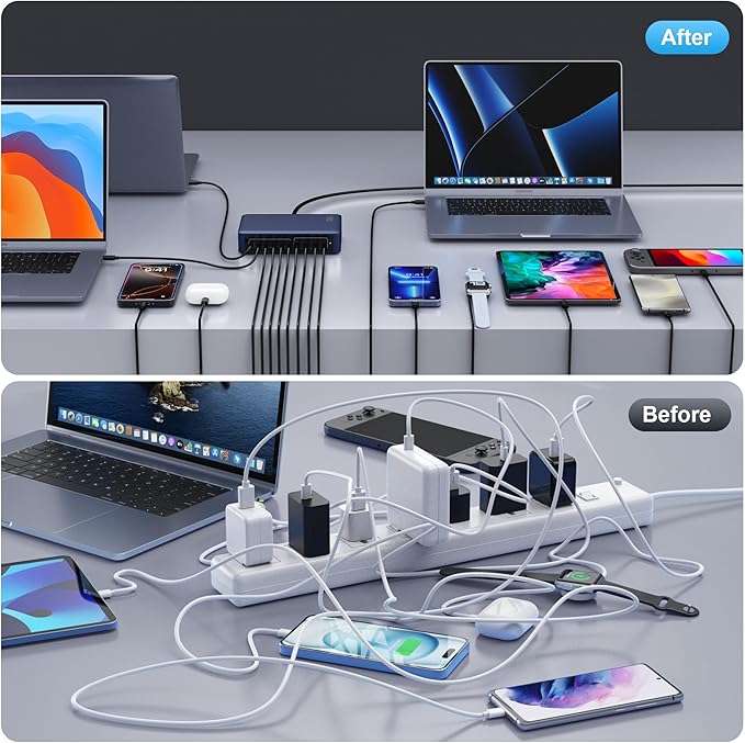 730W USB C Charger Block,10-Ports GaN V Fast Charging Station Hub,QC4.0+3 PD 100W Laptop Charger Wall Power Adapter for MacBook Pro/Air,DELL,iPhone 16/15/14/13,iPad,Galaxy S25,Pixel,Steam Desk-Navy