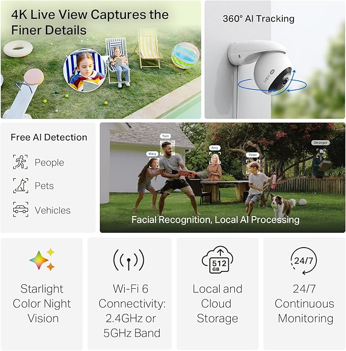 Tapo 4K 8MP Wired Pan/Tilt Outdoor Security Camera, Free Person/Vehicle Detect & 360° Motion Track, Color Night, Local AI, SD/Cloud Storage, Works w/Alexa & Google Home, 2.4 GHz WiFi C560WS