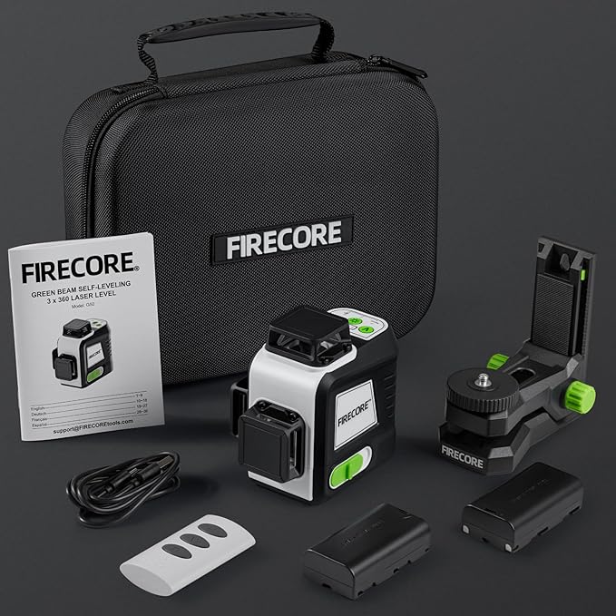 Firecore Laser Level 360 Self Leveling, 3 x 360° Compact Green Beam Cross Line Laser Leveler Tool for Picture Hanging Wall Tile Construction, 2 Rechargeable Batteries and Magnetic Bracket Included