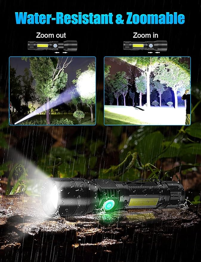 UV Rechargeable Flashlights Tactical,1000 High Lumens 3 in 1 LED Black Light Flashlight -Magnetic Base/Sidelight/Zoomable, Bright Pocket Flash Light for Stains Detection Camping Emergency,2PCS