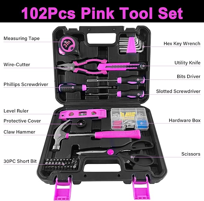 SOLUDE Pink Tool Set,102-Piece Home Pink Tool Kit for Women with Storage Case, Basic Household Tool Set for Apartment,Office,College Dorm & DIY Projects