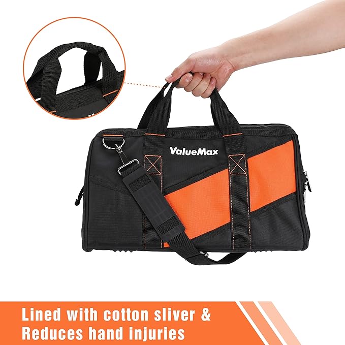 ValueMax 16-Inch Wide Mouth Tool Bag, Tool Organizer Tote Bag with Shoulder Strap, Heavy-duty Tool Storage Bag with 13 Pockets for HVAC, Plumber, Mechanic