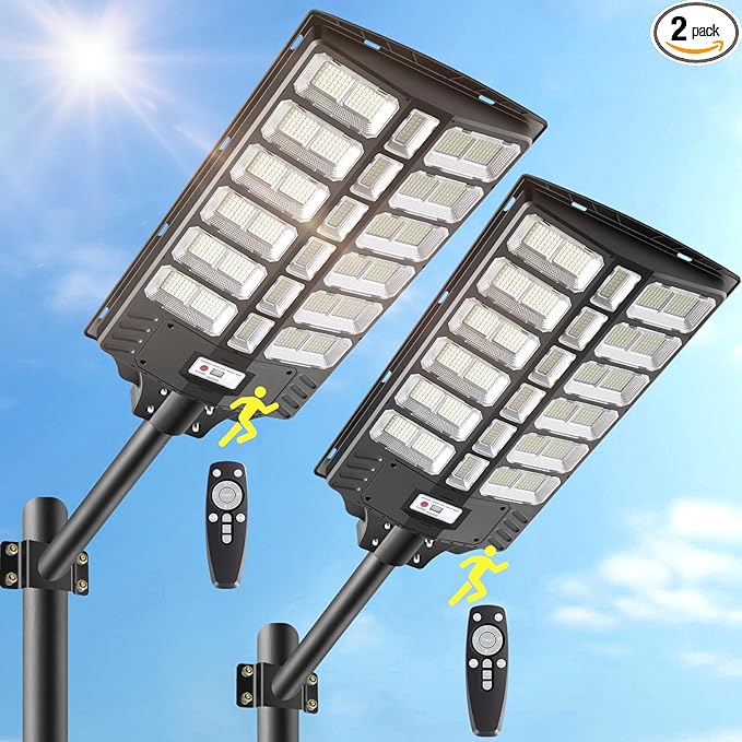 2 Pack Solar Street Lights Outdoor Commercial Parking Lot Lighting 500000LM 936PCS LED Dusk to Dawn Waterproof Solar Security Flood Lights with Motion Sensor and Remote for Yard Warehouse Garage