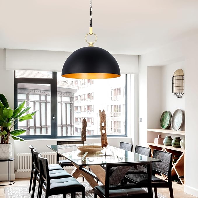 23.6" Farmhouse Pendant Lights for Kitchen Island, Black and Gold Large Dome Pendant Light Fixture Industrial Hanging Lamp for Dining Room Living Room Hallway Bar Bedroom