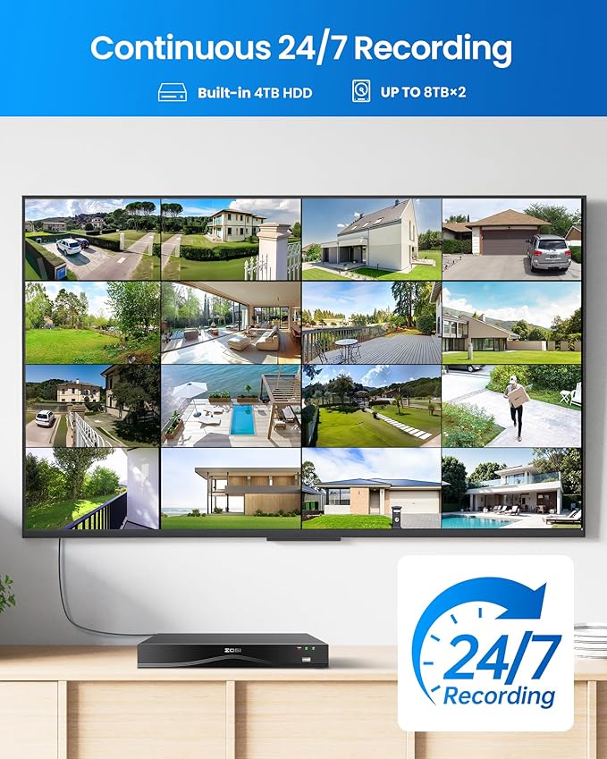 ZOSI 4K 16CH PoE Security Camera System, 16 x 8MP PoE IP Camera Outdoor Indoor with Human Detection, 100ft IR Night Vision, IP66 Weatherproof, 4K 16CH H.265+ NVR with 4TB HDD for 24/7 Audio Recording