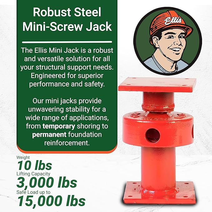 Ellis Manufacturing Adjustable Mini Screw Jack Post – House Jack for Foundation, Floor Leveling, and Concrete Bracing – 15,000 lb Max Load Capacity – 2.5" Adjustment