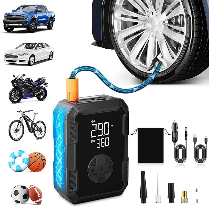 Tire Inflator Portable Air Compressor – Wireless & 12V Dual Power, Auto Shut-Off, Digital Display, Fast Inflation & LED Light, for Car, Bike, Sports & Travel