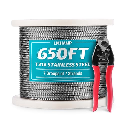 Lichamp 650FT 1/8" Stainless Steel Wire Rope Cable, Aircraft 316 SS Braided Steel Wire Thin Metal Cable Hardware for Deck Railing Handrail Safety System, SSC650