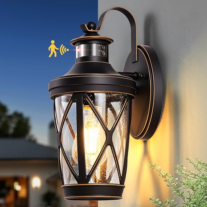 VIANIS Motion Sensor Outdoor Porch Lights, Modern Dusk to Dawn Exterior Wall Light Fixtures, Oil Rubbed Bronze Gold Trim Wall Lanterns for Garage, Waterproof Coach Lights with Adjustable Sense Range