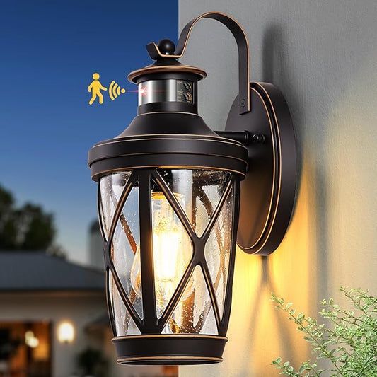 VIANIS Motion Sensor Outdoor Porch Lights, Modern Dusk to Dawn Exterior Wall Light Fixtures, Oil Rubbed Bronze Gold Trim Wall Lanterns for Garage, Waterproof Coach Lights with Adjustable Sense Range