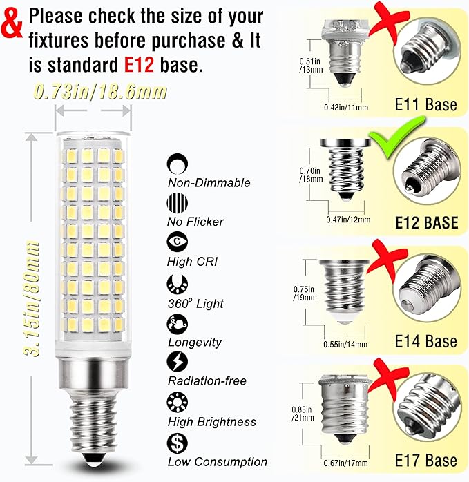 ALIDE E12 10W 6000K LED Candelabra Bulbs 100w Equivalent 1200lm 0.73 * 3.15inch, Non-dimmable, 5Pack