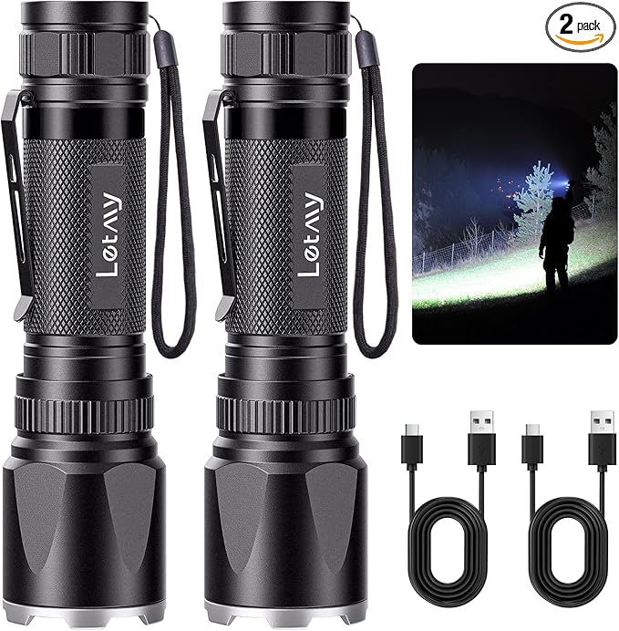 LETMY Rechargeable Flashlights High Lumens, 2 Pack 2000 Lumens Super Bright LED Tactical Flashlight, 3 Modes Samll Powerful Flash Lights with Clip, Waterproof Flashlights for Home Emergency Camping
