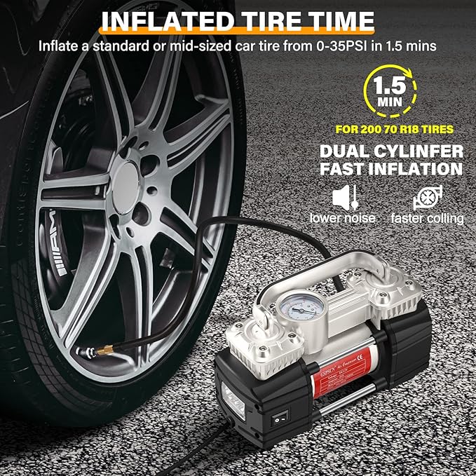 GSPSCN Portable Air Compressor Pump Dual Cylinder Heavy Duty Tire Inflator with LED Light,150 PSI 12V Air Pump with Tire Repair Kit and Toolbox for Auto,SUV,Truck tires etc Silver