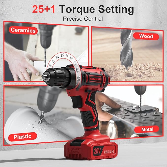 Cordless Drill, 20V Power Drill, Double 2000mAh Power Pack Electric Drills, Cordless Drills with Power Pack and Charger, 3/8" Keyless Chuck Screwdriver with 25+1 Max 370 In-lb Torque, 42Pcs Bits