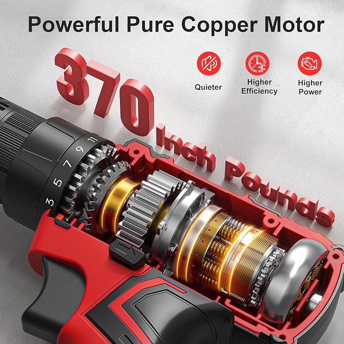 Cordless Drill Set, 20V Power Drill with Power Pack 2.0Ah and Charger, 3/8-Inch Keyless Chuck Electricdrill, 25+1 Torque, 42pcs Drilldriver Bits/Screws for DIY Projects (Red)