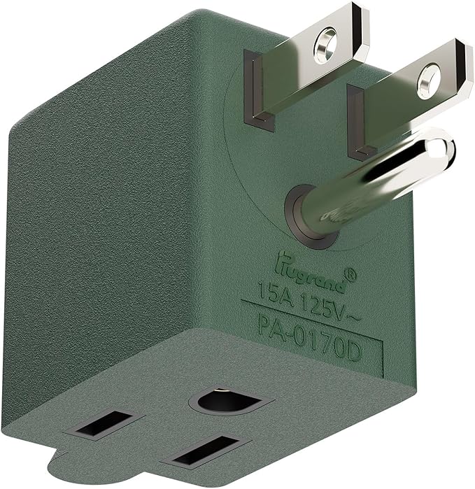 90 Degree Adapter Downward Angle USA 3-Prong Male-Female Adapter,90 Degree Angled USA Male Female Power Adapter, 5-15P to 5-15R Direction Changer Space Save Adapter Green PA-0170DG