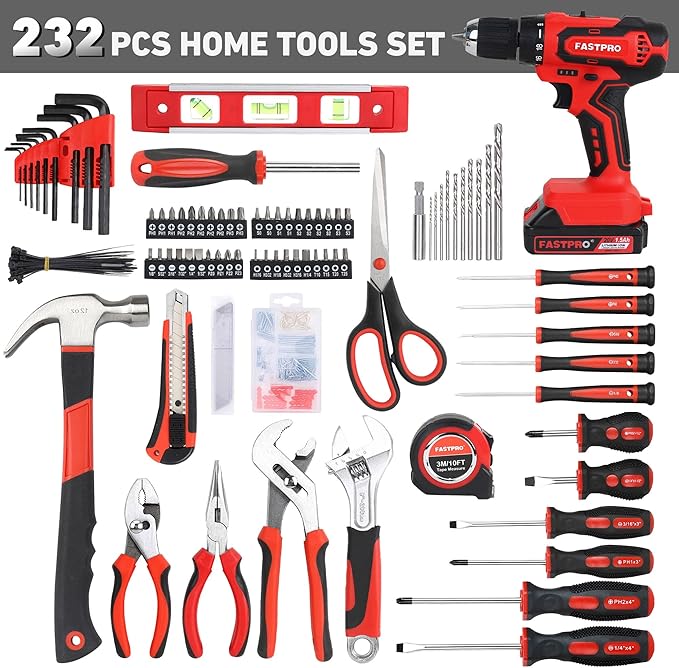 FASTPRO 232-Piece 20V Cordless Lithium-ion Drill Driver & Home Tool Set, Household Repairing Tool Kit with Drill, 12-Inch Wide Mouth Storage Tool Bag, Red