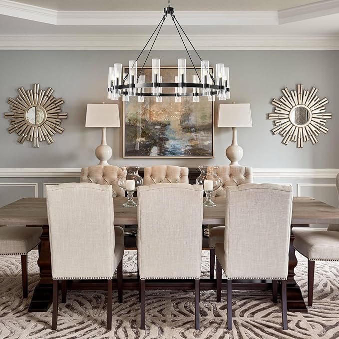 48 Inch Black Wagon Wheel Chandelier, 16 Lights, with Brown Glass Shade, Large Hanging High Ceilings Chandeliers for Dining Room Kitchen Foyer Entryway Living Room