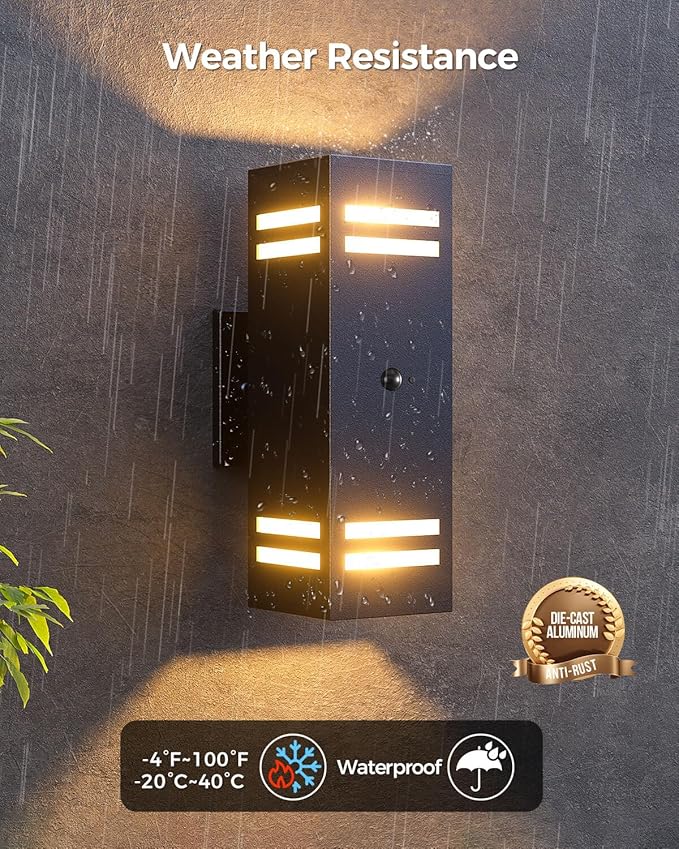 KIZON Motion Sensor Outdoor Lights, Modern Outdoor Wall Lights Black Exterior Lighting Fixture Wall Mount, Aluminum Motion Detector Lights for House Porch Front Door