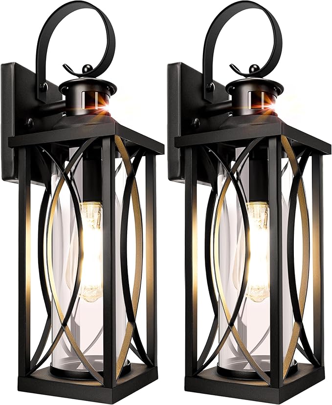 DBF 2 Pack Dusk to Dawn Motion Sensor Outdoor Lights 17.5 Inch, 3 Lighting Mode Exterior Light Fixtures Porch Lights Outdoor Wall Sconces Waterproof Anti-Rust, Black Wall Lanterns for House Front Door