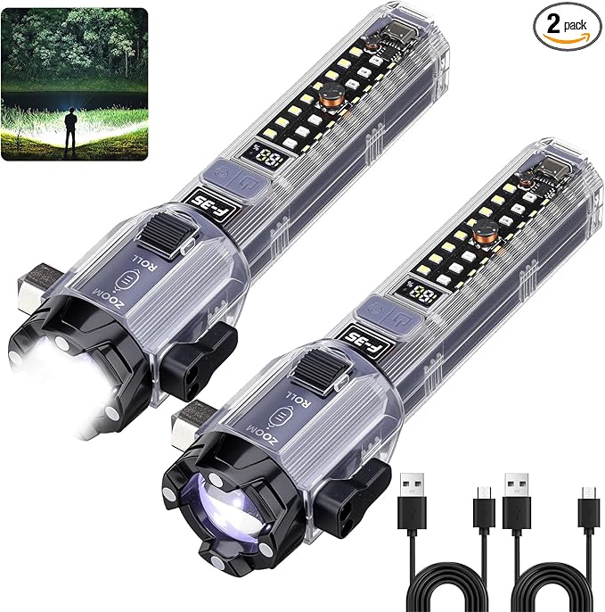 Car Emergency Flashlights Rechargeable 2Packs, 990,000L High Lumens Car Flashlight Emergency Kit, 7 Modes Tactical LED Flash Light with Window Breaker, Belt Cutter, Alarm Buzzer, Magnet, USB C for Car