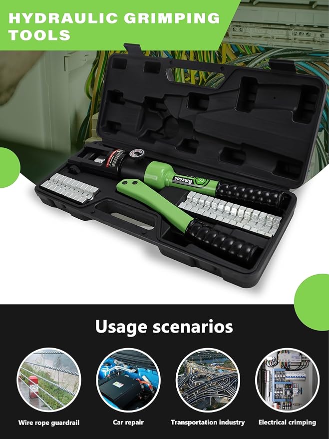 AMZCNC 16 Ton Hydraulic Wire Crimper Battery Cable Lug Terminal Crimping Tool,Crimps 8 AWG to 600 MCM, Cable Crimping Tool with 13 Pairs of Dies